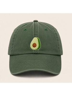 Minimal Avokado Nakışlı Vintage Yıkamalı Kep Şapka