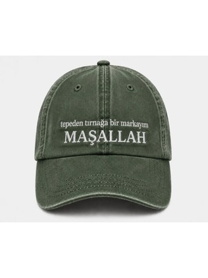 "tepeden Tırnağa Bir Markayım Maşallah" Yazılı Eskitme Yıkamalı Kep Şapka