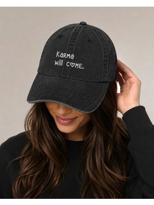 Karma Will Come Yazılı Eskitme Yıkamalı Şapka
