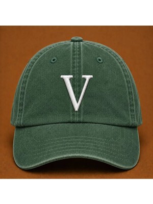 Kişiye Özel "v" Baş Harf Nakışlı Vintage Yıkamalı Beyzbol Şapkası