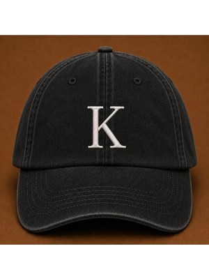 "k" Harfi Isimlere Özel Tasarım Nakışlı Vintage Yıkamalı Beyzbol Şapkası