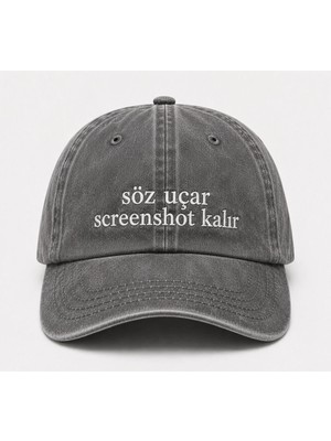 "söz Uçar Screenshot Kalır" Yazılı Eskitme Yıkamalı Kep Şapka