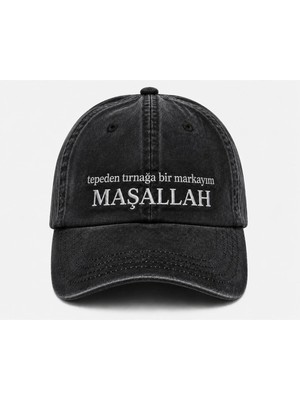 "tepeden Tırnağa Bir Markayım Maşallah" Yazılı Eskitme Yıkamalı Kep Şapka