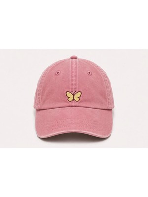 Pembe Kelebek Tasarımlı Eskitme Yıkamalı Kep Şapka