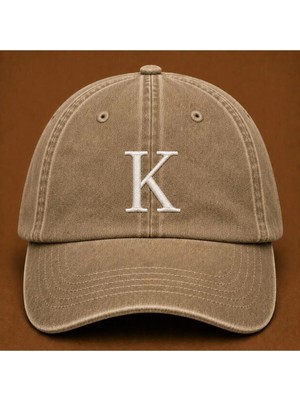 "k" Harfi Isimlere Özel Tasarım Nakışlı Vintage Yıkamalı Beyzbol Şapkası