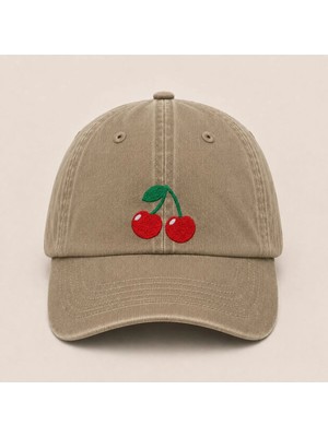 Minimal Kiraz Nakışlı Vintage Yıkamalı Kep Şapka