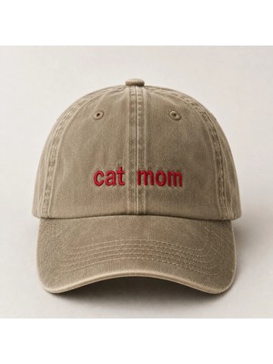 "cat Mom" (Kedi Annesi) Minimal Nakışlı Vintage Yıkamalı Beyzbol Şapkası