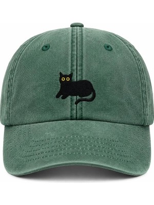 Kara Kedi Nakışlı Vintage Yıkamalı Beyzbol Şapkası