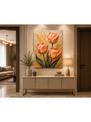 Othello Art Zarif Lale Çiçekleri Kanvas Tablo Altın Dokulu Modern Salon ve Yatak Odası Dekoru
