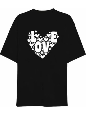 Beruflic 14 Şubat Sevgililer Günü Love Kalp Baskılı Oversize Bisiklet Yaka T-Shirt - Siyah