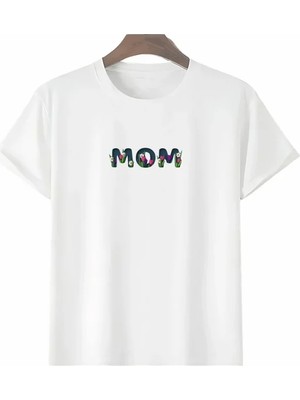 Beruflic Anneler Günü Hediye Mom Çiçek Baskılı Oversize Bisiklet Yaka T-Shirt - Beyaz