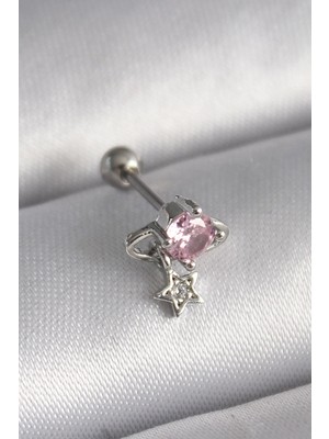 Alkasaz 316L Çelik Gümüş Renk Pembe Zirkon Taşlı Sallantı Yıldız Detay Tragus Piercing