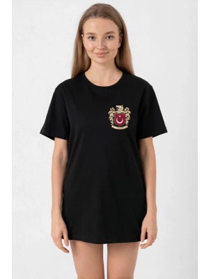 Trend Cojans Türk Arma Baskılı Oversize Bisiklet Yaka Günlük T-Shirt - Siyah