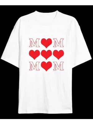 Efnaz Style Anneler Günü Hediye Mom Kalp Baskılı Oversize Bisiklet Yaka T-Shirt - Beyaz