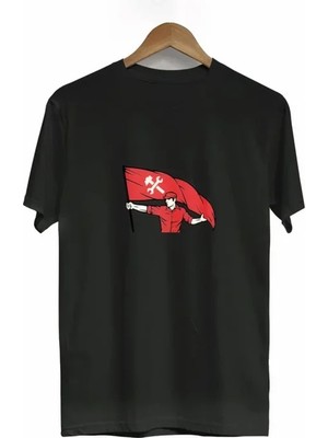 Efnaz Style 1 Mayıs Emek ve Dayanışma Bayraklı Emekçi Baskılı Bisiklet Yaka T-Shirt - Siyah