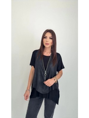 Marsilyan- Kadın Kısa Kollu Yuvarlak Yaka Viskon Bluz + Kolsuz Fermuarlı Çatlak Deri Yelek