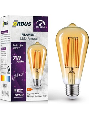 4 Adet   Orbus Dim Edilir LED Filament Ampul ST58 7 Watt 700LM E27 Sarı Işık