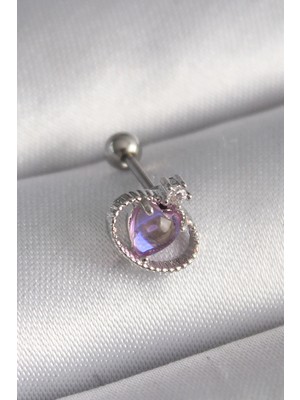 Marsilyan 316L Çelik Gümüş Renk Mor Mineli Kalp Zirkon Taş Detay Tragus Piercing 5886