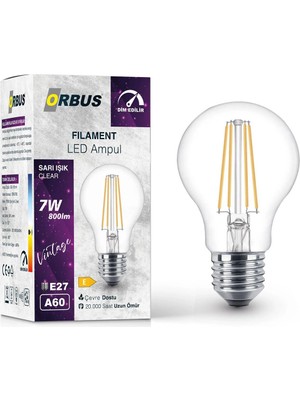 3 Adet  Orbus Dim Edilir LED Filament Ampul A60 7 Watt 700LM E27 Sarı Işık