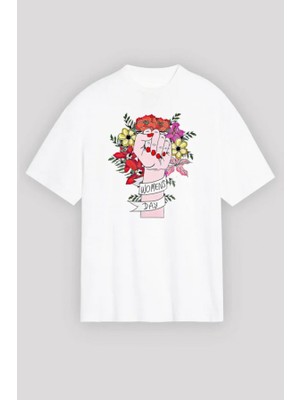 Efnaz Style 8 Mart Dünya Kadınlar Günü Baskılı Oversize Bisiklet Yaka T-Shirt - Beyaz