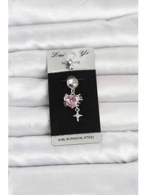 ForWhat Zarif Kadın Için Silver Çelik Zirkonlu Pembe Model Göbek Piercing