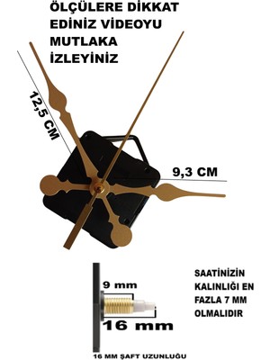 Cnr Shop Saat Makinesi, 16 mm Şaft Boyu Akar Sessiz Duvar Saati Mekanizması, Akrep-Yelkovan-Saniye-(Askılı)