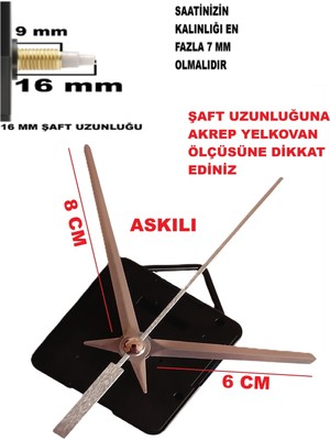 Cnr Shop Saat Mekanizması 16 mm Şaft Boyu Saat Makinesi Akar Sessiz Çalışır, Akrep-Yelkovan-Saniye-(Askılı)