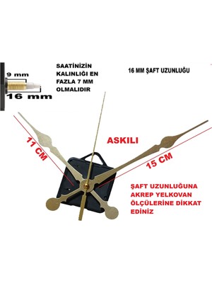 Cnr Shop Saat Mekanizması 16 mm Şaft Boyu Duvar Saati Sessiz Çalışır Büyük Boy Akrep-Yelkovan-Saniye-(Askılı)