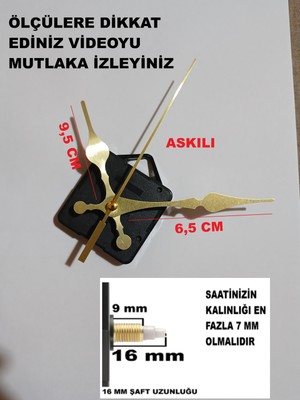 Cnr Shop 16 mm Şaft Boyu Sessiz Çalışır Saat Mekanizması Desenli Akrep-Yelkovan-Saniye-(Askılı)