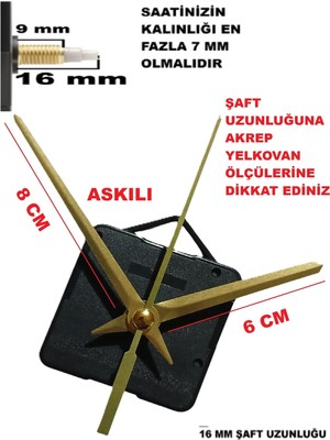 Cnr Shop Saat Mekanizması 16 mm Şaft Boyu Saat Makinesi Akar Sessiz Çalışır, Akrep-Yelkovan-Saniye-(Askılı)