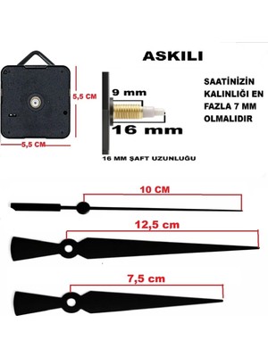 Cnr Shop Saat Mekanizması 16 mm Şaft Boyu Saat Makinesi Akar Sessiz Çalışır, Akrep-Yelkovan-Saniye-(Askılı)