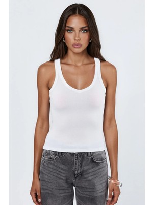 Hiccup Kadınlar Busem V Yaka Ribanalı Tank Top Beyaz