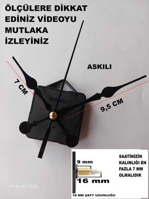 Cnr Shop Saat Makinesi, 16 mm Şaft Boyu Akar Sessiz Çalışır Saat Mekanizması, Akrep-Yelkovan-Saniye-(Askılı)