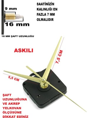 Cnr Shop Saat Mekanizması 16 mm Şaft Boyu Akar Sessiz Çalışır, Saat Makinesi, Akrep-Yelkovan-Saniye-(Askılı)