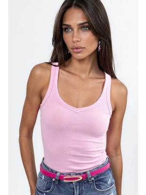 Hiccup Kadınlar Busem V Yaka Ribanalı Tank Top Toz Pembe