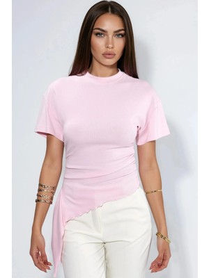 Hiccup Kadınlar Busem Oversized Dökümlü Bisiklet Yaka Bluz Toz Pembe