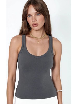 Hiccup Kadınlar Busem V Yaka Ribanalı Tank Top Koyu Gri