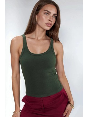 Hiccup Kadınlar Busem Kolsuz Ribanalı U Yaka Tank Top Haki Yeşil