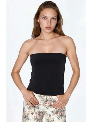 Hiccup Kadınlar Busem Askısız Örme Crop Top Siyah