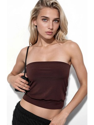 Hiccup Kadınlar Busem Askısız Örme Crop Top Kahve Kahvesi