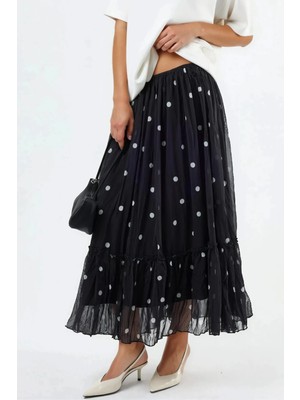 Hiccup Kadınlar Busem Fırfırlı Dots Desenli Yüksek Bel Maxi Etek Siyah