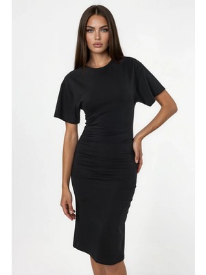 Hiccup Kadınlar Busem Drape Detaylı Dikey Yaka Mini T-Shirt Elbisesi Siyah