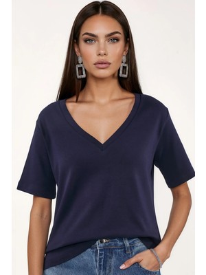 Hiccup Kadınlar Busem V Yaka Düz Regular Fit Pamuk T-Shirt Lacivert