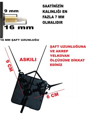 Cnr Shop Saat Makinesi, 16 mm Şaft Boyu Akar Sessiz Çalışır Saat Mekanizması, Akrep-Yelkovan-Saniye-(Askılı)