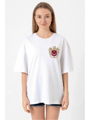 Beruflic Türk Arma Baskılı Oversize Bisiklet Yaka Günlük T-Shirt - Beyaz