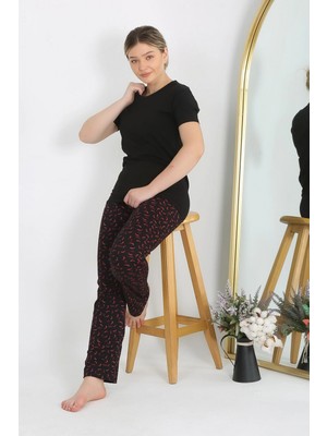 Marsilyan™-  Kadın Kısa Kol Pamuk Penye Pijama Takım Siyah 4214