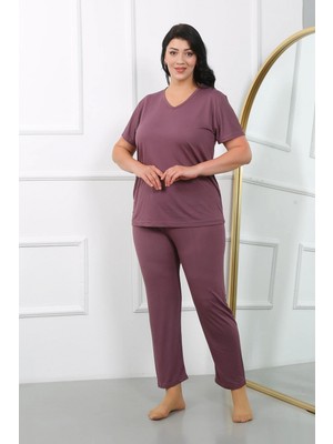 Marsilyan™-  Kadın Büyük Beden  Kısa Kol Penye Pijama Takımı Mürdüm 202405