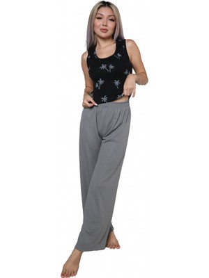 Marsilyan™-  Kadın Kalın Askılı Body Bol Paça Pantolon 2`li Takım Siyah 4217