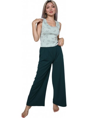 Marsilyan™-  Kadın Kalın Askılı Body Bol Paça Pantolon 2`li Takım Su Yeşili 4218
