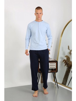 Marsilyan™-  Erkek Penye Uzun Kol Pijama Takımı 6860 Buz Mavisi